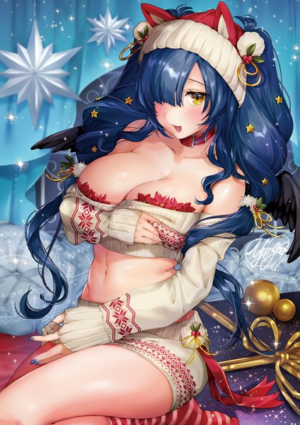 Anime picture 700x990 with original yanyo (ogino atsuki) single long hair tall image looking at viewer blush fringe breasts open mouth light erotic large breasts sitting signed yellow eyes blue hair nail polish :d fingernails hair over one eye