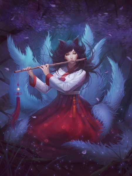 Anime picture 1000x1333 with league of legends ahri (league of legends) naranavy single long hair tall image black hair holding animal ears tail traditional clothes japanese clothes animal tail wind fox ears facial mark fox tail fox girl multiple tails whisker markings