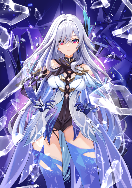 Anime picture 2400x3426 with genshin impact skirk (genshin impact) marekamico single long hair tall image looking at viewer fringe highres breasts light erotic hair between eyes red eyes large breasts standing bare shoulders grey hair hands on hips broken glass girl