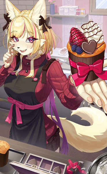 Anime picture 1618x2619 with original mochi0come single tall image looking at viewer blush short hair breasts blonde hair standing animal ears indoors tail animal tail pink eyes piercing wolf ears wolf tail tongue piercing girl