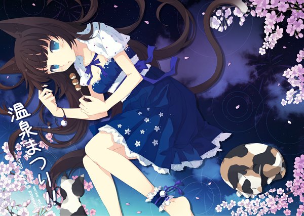 Anime picture 1102x786 with original nyanya long hair blue eyes light erotic black hair animal ears lying cat ears cat girl cat tail cherry blossoms reflection girl dress flower (flowers) bow petals water food