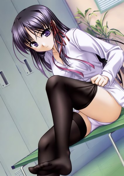 Anime picture 2665x3775 with fortune arterial august soft kuze kiriha tall image highres light erotic black hair purple eyes pantyshot no shoes girl thighhighs ribbon (ribbons) black thighhighs