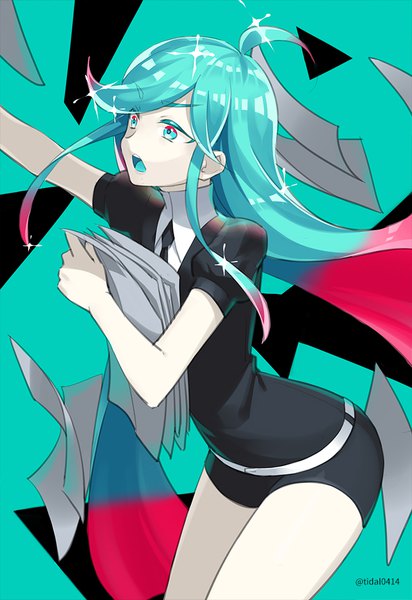 Anime picture 688x1000 with houseki no kuni alexandrite (houseki no kuni) mujun atama single long hair tall image open mouth signed looking away pink hair ahoge multicolored hair aqua eyes aqua hair two-tone hair sparkle puffy sleeves twitter username arched back androgynous