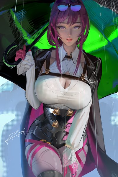 Anime picture 2339x3508 with honkai: star rail honkai (series) kafka (honkai: star rail) zumi (zumidraws) single long hair tall image looking at viewer fringe highres breasts light erotic hair between eyes large breasts purple eyes holding signed cleavage purple hair parted lips