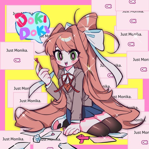 Anime-Bild 2048x2048 mit doki doki literature club monika (doki doki literature club) kerberos (kerbe ) single looking at viewer blush fringe highres open mouth sitting holding green eyes payot full body bent knee (knees) ponytail long sleeves very long hair :d pleated skirt
