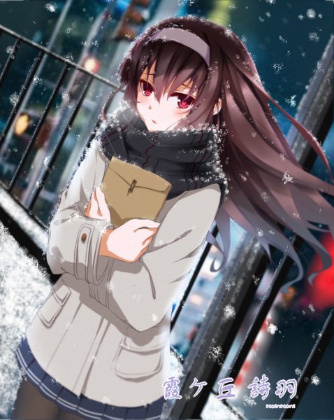 Anime picture 1127x1415 with saenai heroine no sodatekata a-1 pictures kasumigaoka utaha qingchen single long hair tall image looking at viewer fringe black hair hair between eyes red eyes blurry dutch angle depth of field snowing winter snow girl skirt