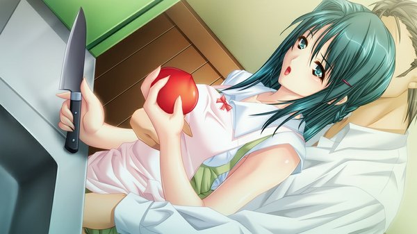 Anime picture 1024x576 with eve to iu na no omocha gotou beniko long hair wide image green eyes game cg green hair girl