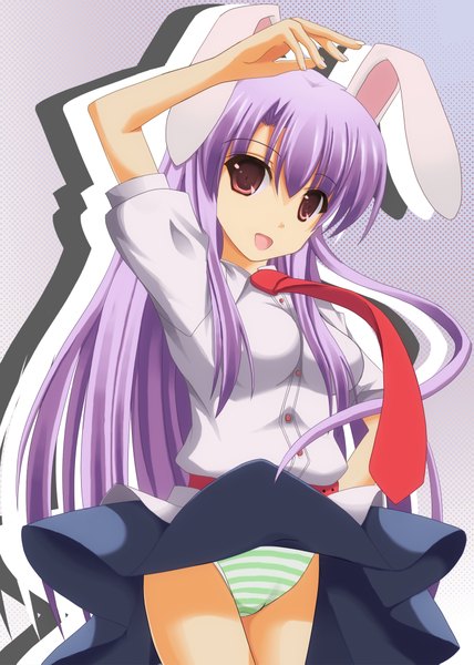 Anime picture 1476x2067 with touhou reisen udongein inaba nama gusa (artist) long hair tall image open mouth light erotic red eyes purple hair bunny ears bunny girl girl skirt underwear panties miniskirt necktie