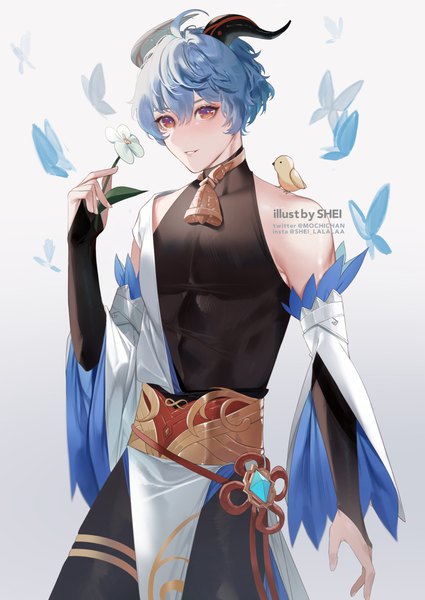 Anime picture 1769x2500 with genshin impact ganyu (genshin impact) shei99 single tall image fringe highres short hair hair between eyes red eyes standing holding signed blue hair looking away horn (horns) bell collar genderswap animal on shoulder bird on shoulder