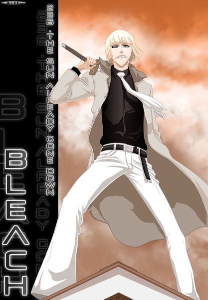 Anime picture 1024x1473 with bleach studio pierrot hirako shinji stfun single tall image short hair blonde hair sky cloud (clouds) inscription grey eyes coloring boy weapon shirt sword necktie belt katana