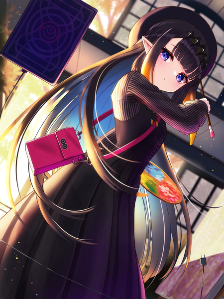 Anime picture 1800x2400 with virtual youtuber hololive hololive english ninomae ina'nis ao-chan (ninomae ina'nis) ninomae ina'nis (2nd costume) inari (ambercrown) single tall image looking at viewer blush fringe highres blue eyes black hair blunt bangs very long hair multicolored hair pointy ears official alternate costume