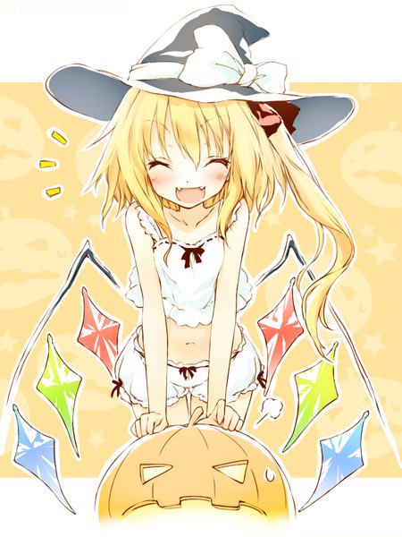 Anime picture 768x1024 with touhou flandre scarlet saeki touma single long hair tall image blush fringe open mouth light erotic blonde hair simple background hair between eyes standing eyes closed fang (fangs) leaning leaning forward sleeveless one side up