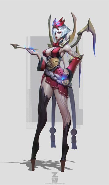 Anime picture 900x1523 with league of legends elise (league of legends) paul (shiramune) single tall image short hair breasts light erotic simple background large breasts silver hair lips realistic grey background hand on hip lipstick red lipstick silver eyes monster girl girl