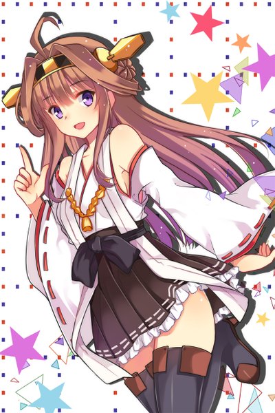 Anime picture 827x1240 with kantai collection kongou battleship zonana single long hair tall image brown hair purple eyes ahoge nontraditional miko girl hair ornament detached sleeves star (symbol) thigh boots