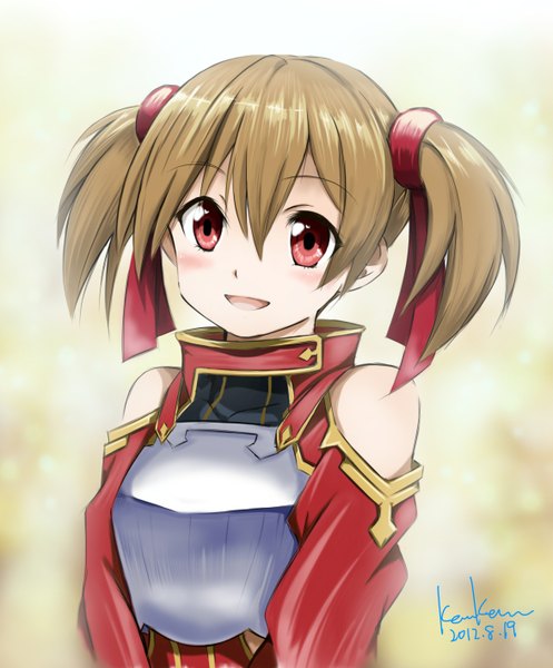 Anime picture 1174x1416 with sword art online a-1 pictures silica kem kem tall image looking at viewer blush short hair open mouth smile red eyes brown hair twintails short twintails girl ribbon (ribbons) hair ribbon