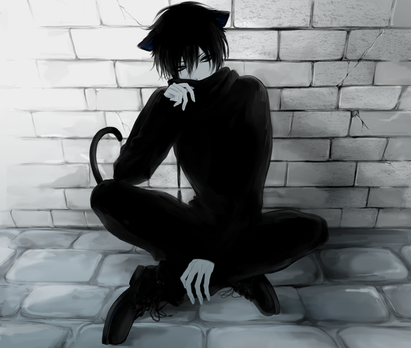Anime picture 1186x1003 with original asarai single fringe short hair blue eyes black hair hair between eyes sitting animal ears looking away tail animal tail cat ears cat tail covered mouth indian style brick wall spot color crack
