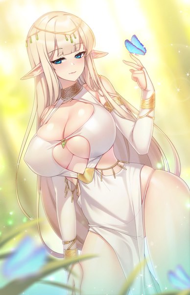 Anime picture 3300x5100 with original rheez (artist) single long hair tall image looking at viewer blush fringe highres breasts blue eyes light erotic blonde hair payot absurdres cleavage outdoors blunt bangs head tilt arm up