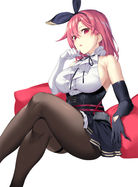 Anime picture 2756x3720 with azur lane black prince (azur lane) ikomochi single long hair tall image looking at viewer blush fringe highres breasts open mouth light erotic simple background hair between eyes large breasts white background sitting bare shoulders pink hair
