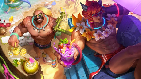 Anime picture 1920x1080 with league of legends braum (league of legends) zoe (league of legends) sett (league of legends) ina wong highres short hair smile wide image standing animal ears red hair eyes closed multiple boys tattoo depth of field beach reclining bald manly
