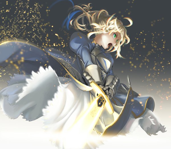 Anime picture 1195x1042 with fate (series) fate/stay night studio deen type-moon artoria pendragon (all) saber sharakuryousuke single long hair open mouth blonde hair green eyes girl dress weapon sword armor excalibur
