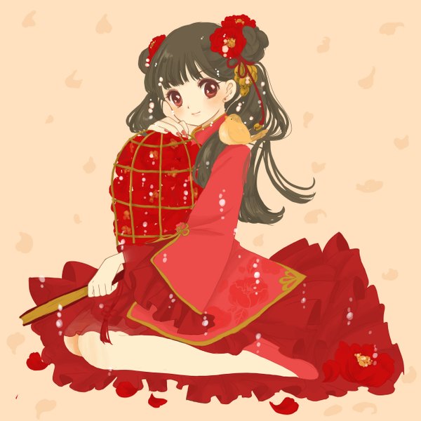 Anime picture 2500x2500 with card captor sakura clamp li meiling yukiko (cocopop) single long hair looking at viewer blush highres simple background smile red eyes brown hair sitting holding nail polish hair flower fingernails wide sleeves girl
