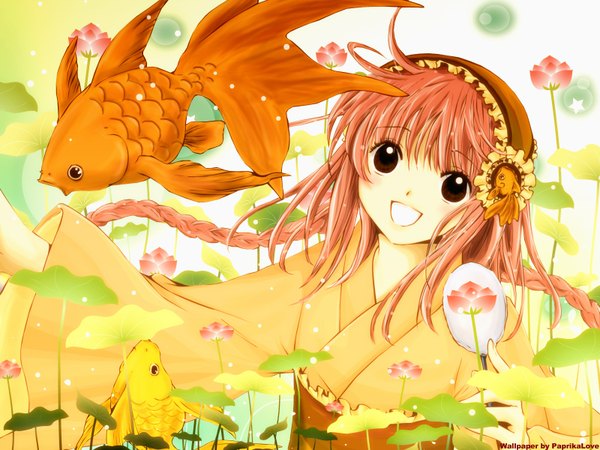 Anime picture 1600x1200 with kobato hanato kobato single long hair open mouth smile holding braid (braids) japanese clothes wide sleeves twin braids floating hair looking up girl flower (flowers) animal kimono obi fish (fishes) fan