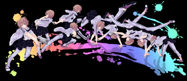 Anime picture 1000x438 with original hamada youho looking at viewer short hair open mouth blue eyes brown hair wide image multiple girls holding profile pleated skirt looking back from behind black background group 6+ girls jumping upside down twisty sleeves