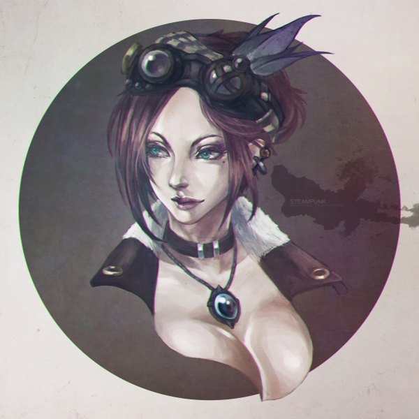 Anime picture 2476x2480 with monori rogue single tall image highres short hair breasts light erotic simple background brown hair green eyes looking away lips lipstick piercing eyebrows goggles on head steam punk girl pendant collar