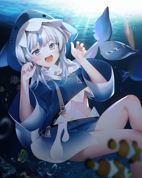 Anime picture 800x1000 with virtual youtuber hololive hololive english gawr gura gawr gura (1st costume) mannermana single long hair tall image looking at viewer blue eyes silver hair tail multicolored hair teeth streaked hair underwater sharp teeth fish tail girl