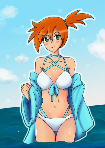 Anime picture 4961x7016 with pokemon nintendo misty (pokemon) rainbow d fox single tall image looking at viewer blush fringe highres short hair breasts light erotic smile hair between eyes green eyes absurdres sky cloud (clouds) outdoors