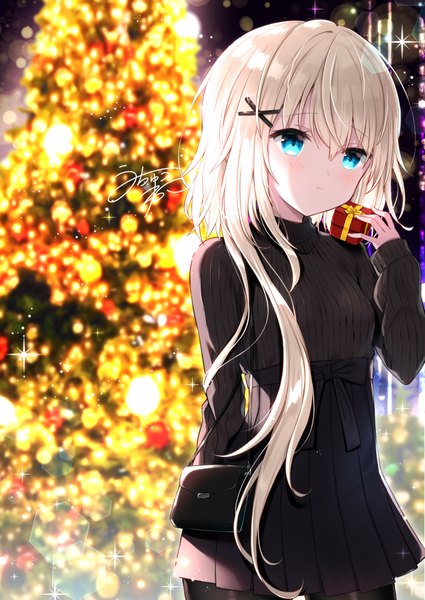 Anime picture 717x1012 with original tia-chan uchuuneko single long hair tall image blush fringe blue eyes blonde hair hair between eyes signed looking away outdoors pleated skirt sparkle lens flare christmas shaded face girl