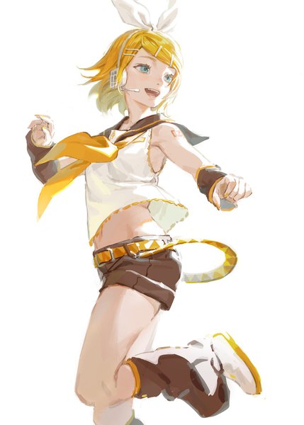 Anime picture 1296x1812 with vocaloid kagamine rin tunapon01 single tall image short hair open mouth blue eyes simple background blonde hair white background looking away bent knee (knees) sailor collar girl bow hair bow detached sleeves shorts headphones