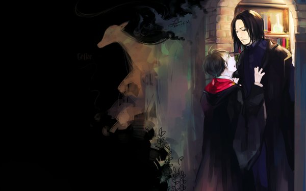 Anime picture 1440x900 with harry potter severus snape harry potter (character) jackt short hair open mouth black hair brown hair standing green eyes profile black eyes multiple boys hand on chest black background face to face eye contact silhouette boy animal