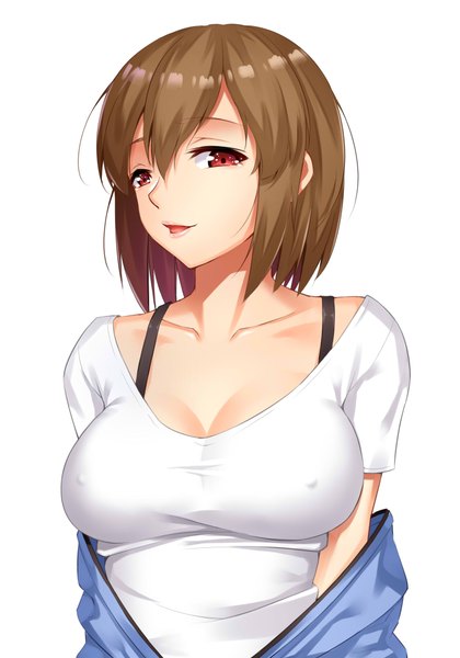 Anime picture 1400x2000 with original yi mian single tall image looking at viewer fringe short hair breasts open mouth light erotic simple background hair between eyes red eyes brown hair white background cleavage upper body covered nipples girl