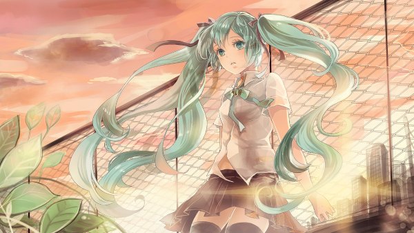 Anime picture 1200x674 with vocaloid hatsune miku sakuragi kei single long hair wide image twintails aqua eyes aqua hair evening sunset girl thighhighs skirt ribbon (ribbons) black thighhighs plant (plants) miniskirt fence chain-link fence
