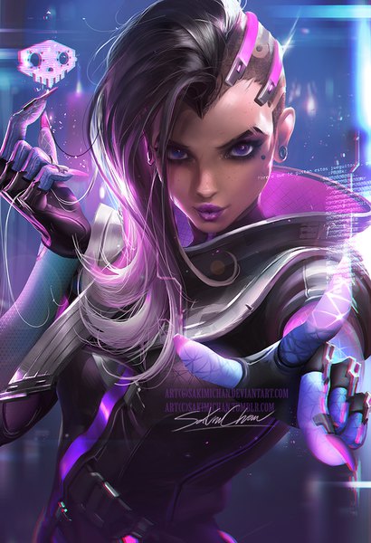 Anime-Bild 684x1000 mit overwatch blizzard entertainment sombra (overwatch) sakimichan single long hair tall image looking at viewer black hair smile purple eyes signed pink hair upper body multicolored hair arm up fingernails realistic mole two-tone hair
