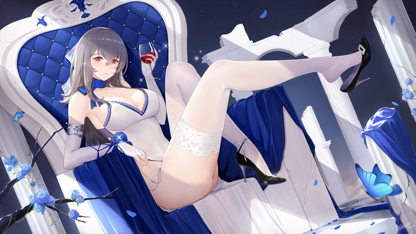 Anime picture 1920x1080 with azur lane saint-louis (azur lane) saint-louis (brilliant paladin) (azur lane) alexiel (artist) single long hair looking at viewer blush fringe highres breasts light erotic hair between eyes red eyes wide image large breasts holding signed payot cleavage