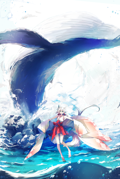 Anime picture 1500x2237 with original numikko single long hair tall image looking at viewer fringe hair between eyes standing bare shoulders green eyes animal ears full body ahoge white hair tail traditional clothes japanese clothes animal tail bare legs