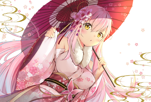 Anime picture 1480x1000 with original mugicho (kdks5554) single long hair blush fringe hair between eyes white background bare shoulders yellow eyes pink hair upper body traditional clothes japanese clothes :o new year girl hair ornament detached sleeves kimono