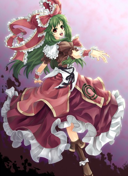 Anime picture 1700x2339 with touhou kagiyama hina kinntarou single long hair tall image highres open mouth red eyes green hair girl dress bow ribbon (ribbons) hair bow