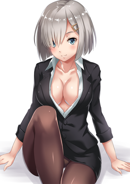 Anime picture 800x1131 with kantai collection hamakaze destroyer sakiyamama single tall image looking at viewer blush short hair breasts blue eyes light erotic white background silver hair office lady girl skirt pantyhose pencil skirt