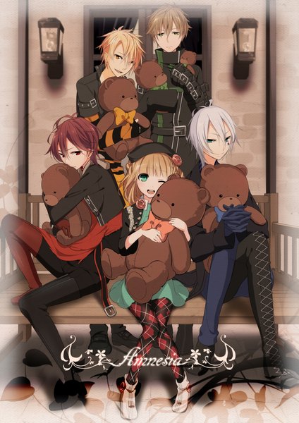 Anime picture 1500x2121 with amnesia idea factory heroine (amnesia) shin (amnesia) toma (amnesia) ikki (amnesia) kent (amnesia) sama (artist) tall image looking at viewer fringe short hair open mouth blonde hair smile red eyes brown hair sitting green eyes silver hair