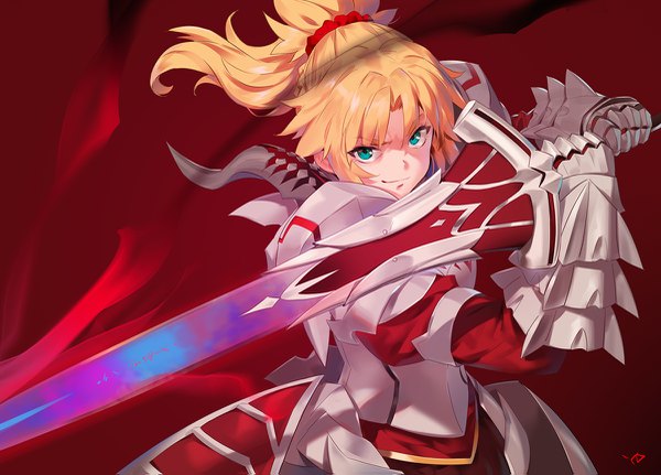 Anime picture 1200x863 with fate (series) fate/grand order fate/apocrypha mordred (fate) yd (orange maru) single long hair looking at viewer fringe simple background blonde hair smile hair between eyes standing holding signed payot braid (braids) aqua eyes floating hair