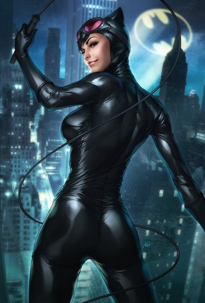 Anime picture 679x1000 with batman dc comics cat woman artgerm (stanley lau) single tall image smile signed animal ears looking back from behind cat ears realistic city cityscape girl bodysuit goggles whip