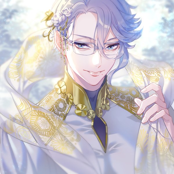 Anime picture 2000x2000 with twisted wonderland azul ashengrotto manomenou single looking at viewer fringe highres short hair blue eyes smile hair between eyes silver hair upper body fingernails mole mole under mouth boy glasses