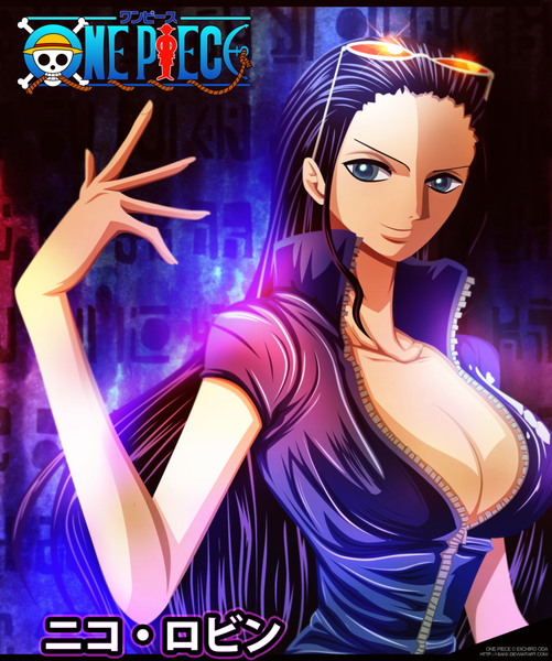 Anime picture 1024x1226 with one piece toei animation nico robin i-sanx single long hair tall image breasts blue eyes light erotic smile large breasts cleavage purple hair inscription coloring hieroglyph girl sunglasses