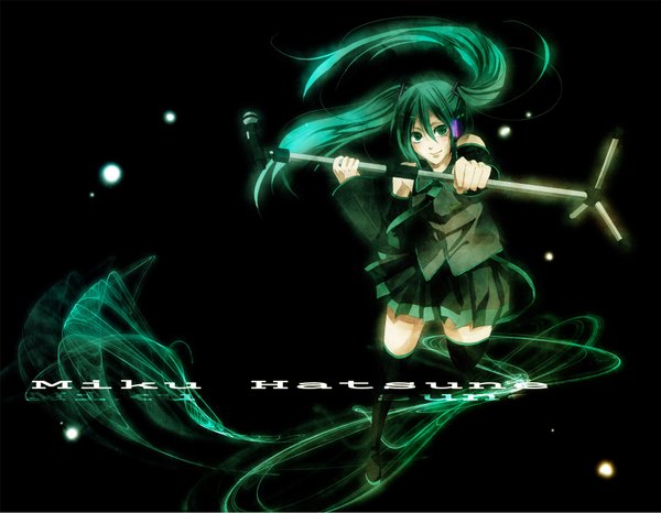 Anime picture 1776x1380 with vocaloid hatsune miku highres green eyes green hair girl thighhighs headphones microphone