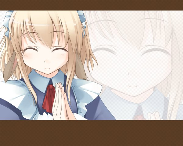 Anime picture 1280x1024 with tagme (copyright) tagme (character) jirou (chekoro) single short hair blonde hair smile eyes closed maid letterboxed zoom layer girl headdress maid headdress