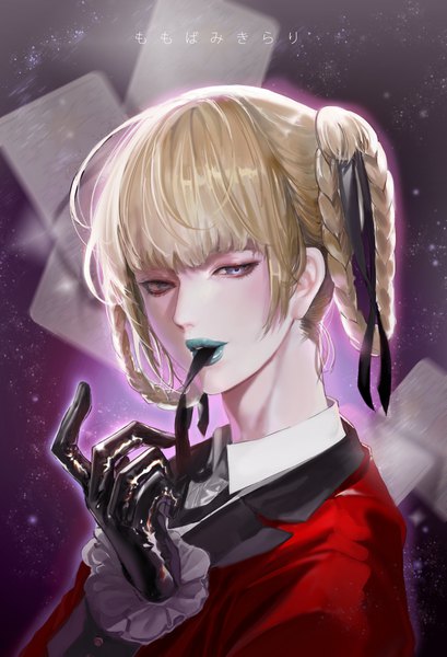 Anime picture 1951x2862 with kakegurui momobami kirari mucuzi single tall image looking at viewer fringe highres short hair blue eyes blonde hair holding upper body blunt bangs braid (braids) character names lipstick twin braids mouth hold portrait