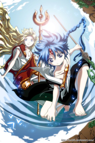 イラスト 998x1500 と マギ The Labyrinth of Magic a-1 pictures aladdin (magi) titus alexius ioshik 長髪 長身像 青い目 金髪 笑顔 青い髪 空 cloud (clouds) 三つ編み sunlight multiple boys coloring single braid 男性 武器